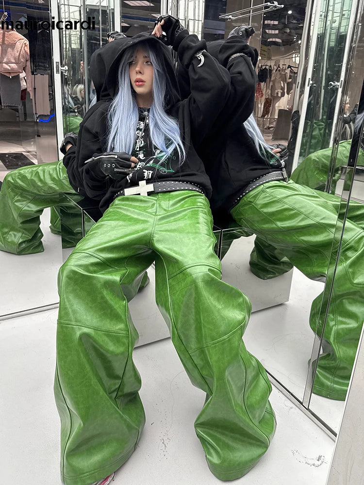 Mauroicardi Spring Autumn Cool Long Shiny Reflective Green Pu Leather Wide Leg Pants for Men Y2K Luxury Brands Original Clothes