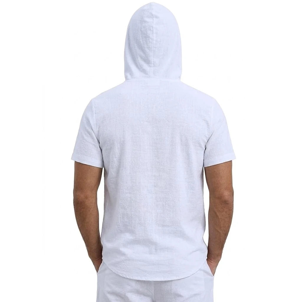 Summer Mens Linen Hooded Shirts for Men Lightweight Short Sleeve Casual T-Shirts Button Cotton Hoodie Hawaiian T Shirts for Men