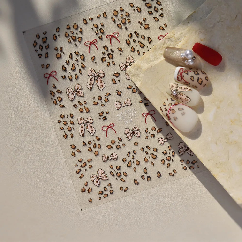 1pcs 3D Leopard Bow Love Nail Stickers Charming Bowknot Pearl Nail Art Decals Sliders Autumn Manicure Decorations Nail Supplies