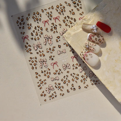 1pcs 3D Leopard Bow Love Nail Stickers Charming Bowknot Pearl Nail Art Decals Sliders Autumn Manicure Decorations Nail Supplies