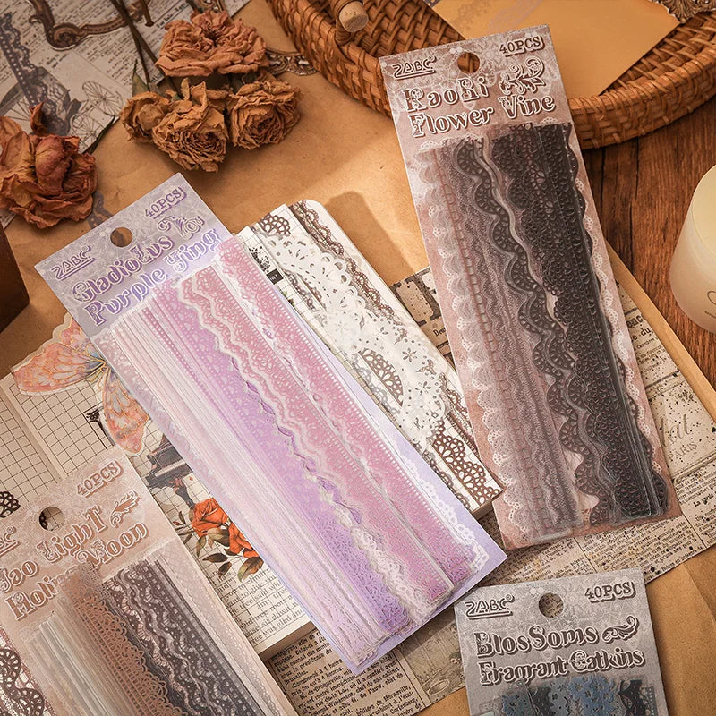 40 pcs Lace Stickers Cute Aesthetics Decor Collage Junk Journal Scrapbooking Supplies Self Adhesive Creative Stationery Sticker