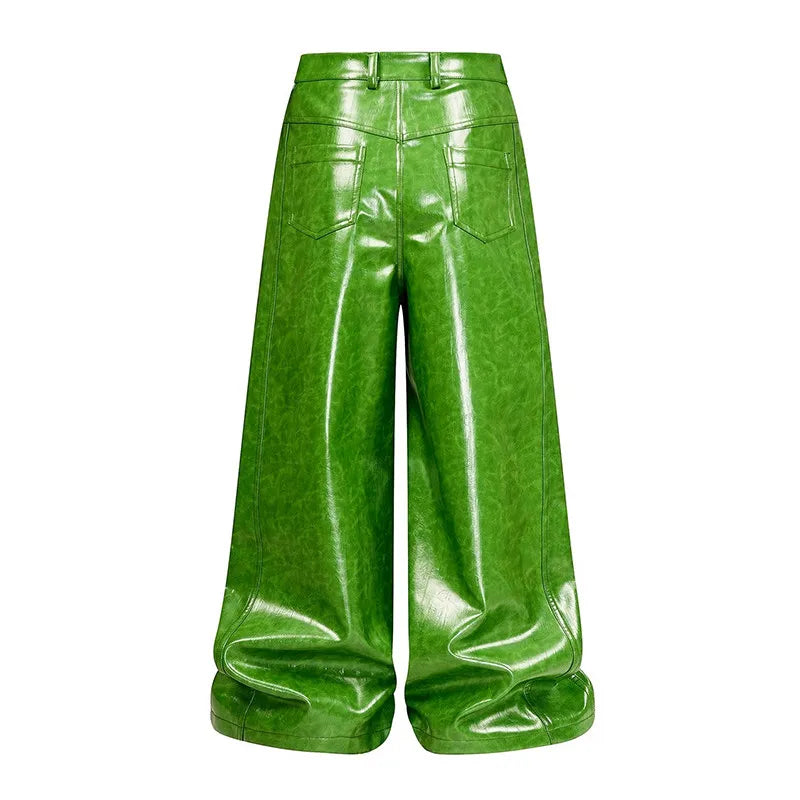 Mauroicardi Spring Autumn Cool Long Shiny Reflective Green Pu Leather Wide Leg Pants for Men Y2K Luxury Brands Original Clothes