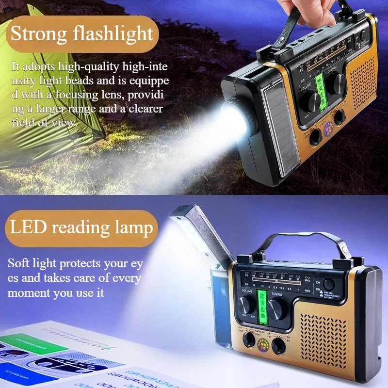 Wireless emergency radio, solar and hand-cranked generator with NOAA weather alerts, wireless connection to AM FM