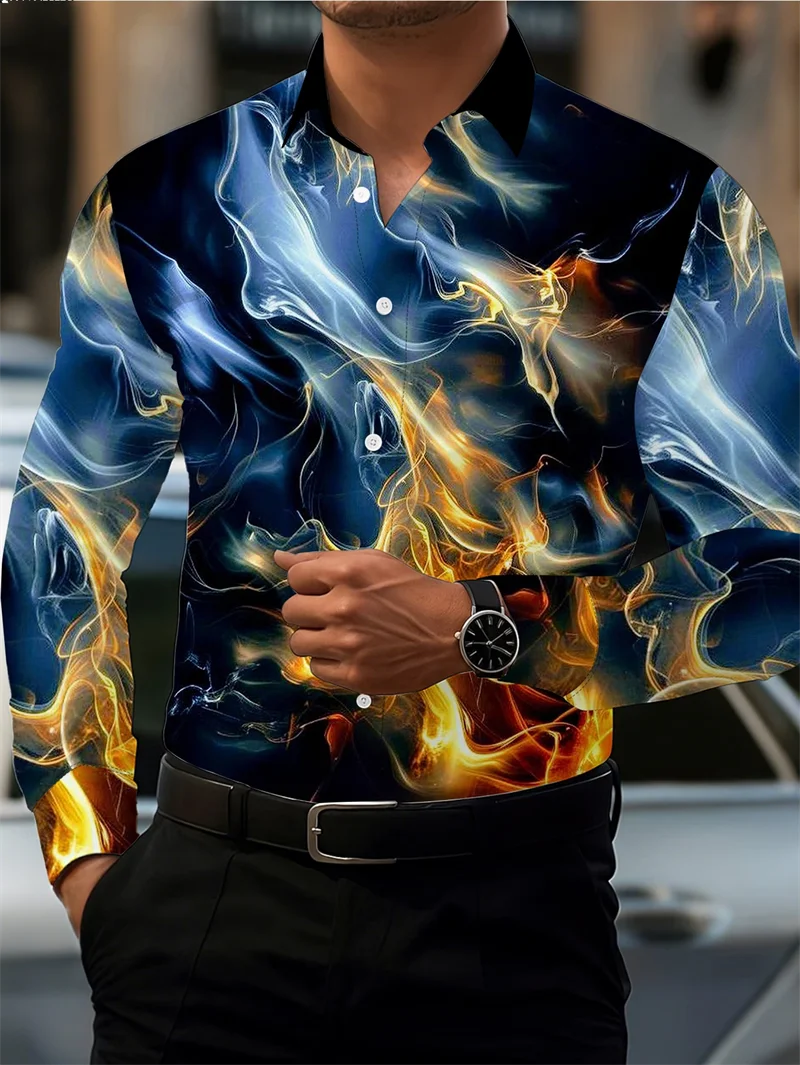 New Orange Bottom Geometric Diamond Wings Printed Men's Long Sleeve Shirt with Collar and Satin Shirt Clothing