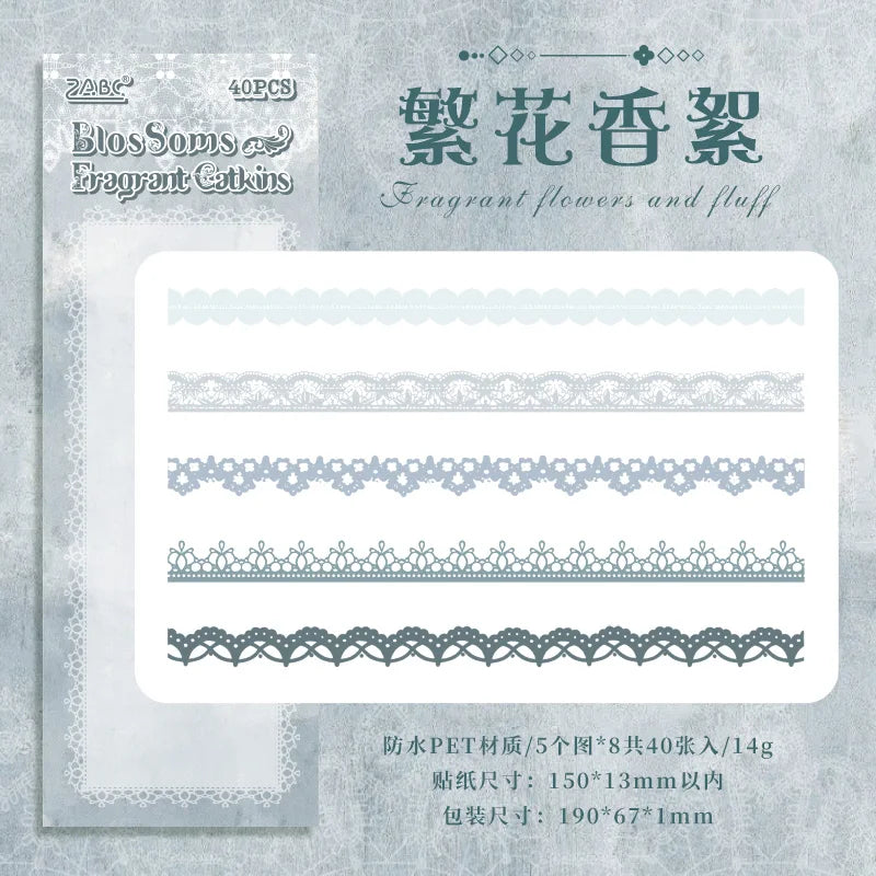 40 pcs Lace Stickers Cute Aesthetics Decor Collage Junk Journal Scrapbooking Supplies Self Adhesive Creative Stationery Sticker