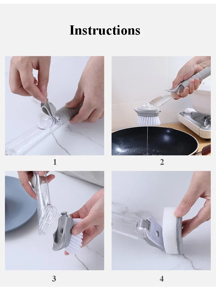 Kitchen Cleaning Brush 2 In 1 Long Handle Cleaing Brush with Removable Brush Sponge Dispenser Dishwashing Brush Kitchen Tools