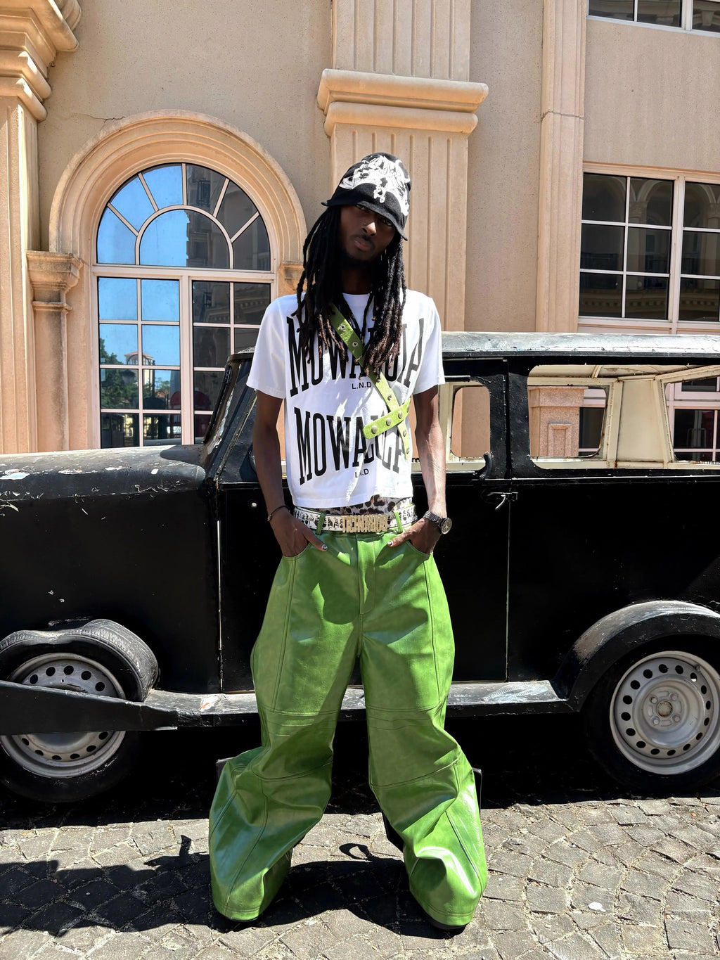 Mauroicardi Spring Autumn Cool Long Shiny Reflective Green Pu Leather Wide Leg Pants for Men Y2K Luxury Brands Original Clothes