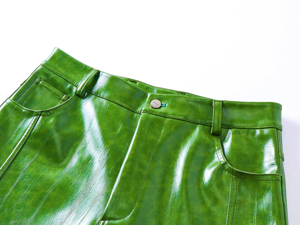 Mauroicardi Spring Autumn Cool Long Shiny Reflective Green Pu Leather Wide Leg Pants for Men Y2K Luxury Brands Original Clothes