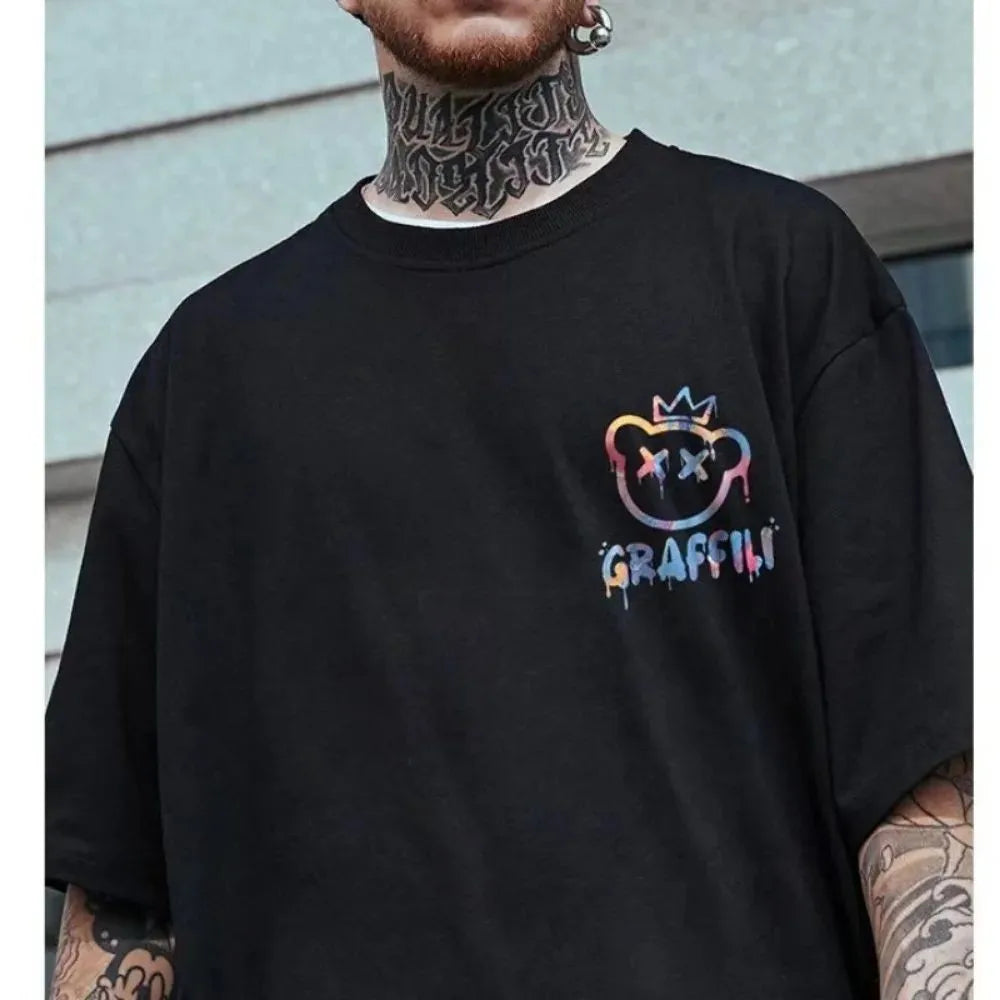 New men's summer colorful teddy bear letter print comfortable and breathable round neck T-shirt outdoor street top