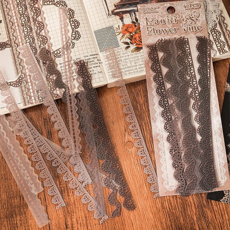 40 pcs Lace Stickers Cute Aesthetics Decor Collage Junk Journal Scrapbooking Supplies Self Adhesive Creative Stationery Sticker