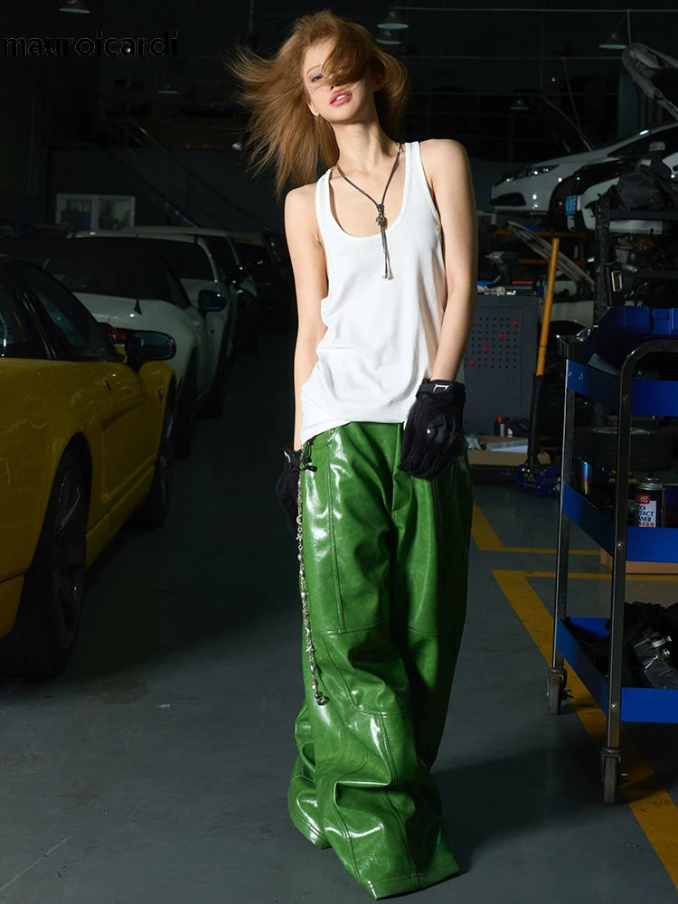 Mauroicardi Spring Autumn Cool Long Shiny Reflective Green Pu Leather Wide Leg Pants for Men Y2K Luxury Brands Original Clothes