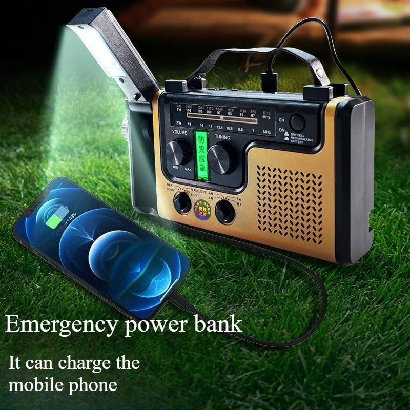 Wireless emergency radio, solar and hand-cranked generator with NOAA weather alerts, wireless connection to AM FM